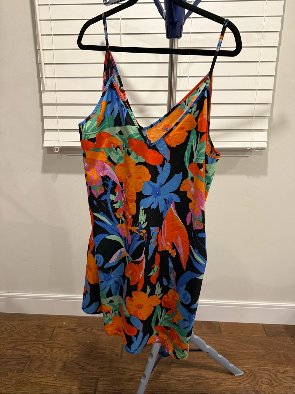 Floral Slip Dress in Black with Bright Orange & Blue Blooms